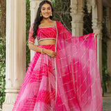 French Rose Organza Bandhani Printed Lehenga Set