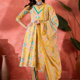 Mustard Yellow Cotton Floral Printed Kurta Set