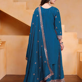 Teal Blue Silk Embroidered Sharara Set