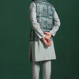 Mint Green Cotton Blend Kurta Set With Printed Nehru Jacket