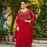 Red Faux Blooming Embroidered Anarkali Set With Slit