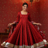 Maroon Cotton Floral Printed Anarkali Set