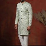 Pastel Green Cotton Blend Embroidered Sherwani Set
