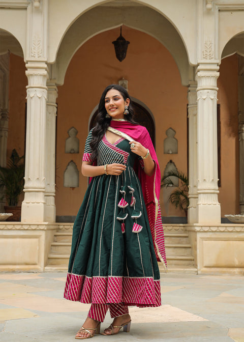 <img> Dark Green Cotton Silk Gotta Work Anarkali Set