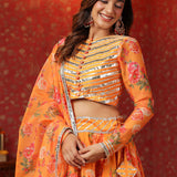 Sunshade Orange Organza Floral Printed Lehenga Set