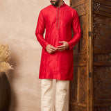 Red Cotton Blend Mirror Work Kurta Set