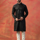 Black Silk Blend Embroidered Kurta
