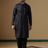 Black Silk Blend Embroidered Kurta