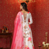 White Chanderi Floral Printed Anarkali Set