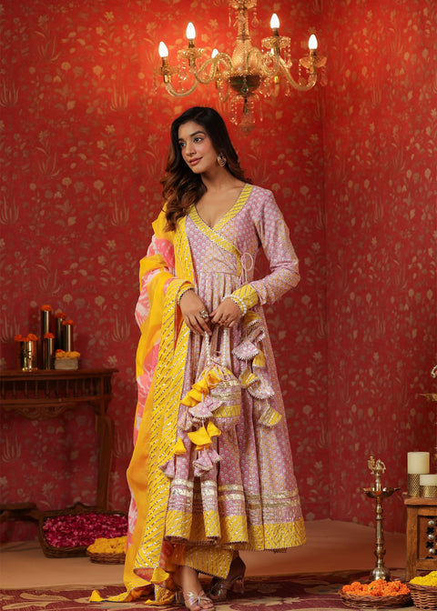 <img> Light Lilac Cotton Floral Printed Anarkali Set