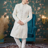 White Art Silk Two Piece Sherwani Set