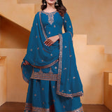 Teal Blue Silk Embroidered Sharara Set