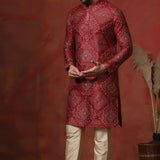 Cherry Red Dupion Embroidered Kurta Set