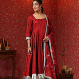 Maroon Cotton Floral Printed Anarkali Set