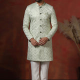 Pastel Green Cotton Blend Embroidered Sherwani Set