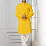Bright Yellow Cotton Silk Embroidered Kurta Set