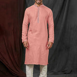 Coral Pink Jacquard Kurta Set With Shisha Work