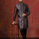 Wine Black Cotton Blend Printed Sherwani Set
