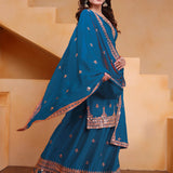 Teal Blue Silk Embroidered Sharara Set