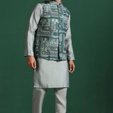 Mint Green Cotton Blend Kurta Set With Printed Nehru Jacket