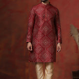 Cherry Red Dupion Embroidered Kurta Set