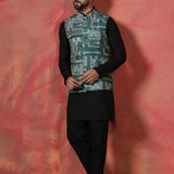 Jute Black Cotton Blend Kurta Set With Embroidered Nehru Jacket