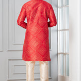 Bright Red Printed Bandhani Dupion Silk Kurta Set