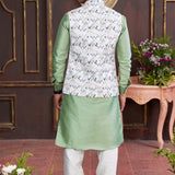 Mint Green Art Banarasi Silk Kurta Set With Digital Printed Jacket