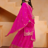 Bright Pink Silk Embroidered Sharara Set