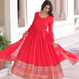 Red Embroidered Anarkali Set