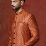 Dark Orange Printed Cotton Blend Sherwani Set