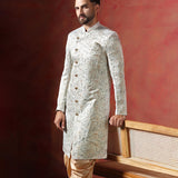 Ceramic White And Cream Cotton Blend Printed Sherwani Set
