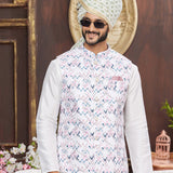 Cream Art Banarasi Silk Kurta Set With Digital Printed Jacket