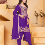 Violet Floral Embroidered Silk Kurta Set