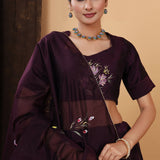 Dark Wine Hand Painted Floral Chanderi Lehenga Set