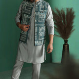 Mint Green Cotton Blend Kurta Set With Printed Nehru Jacket