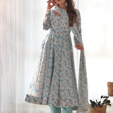 Sky White Organza Floral Printed Anarkali Set