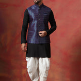Black Jacquard Solid Kurta Set With Indigo Nehru Jacket