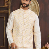 Cream Yellow Art Silk Nehru Jacket