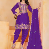 Violet Floral Embroidered Silk Kurta Set