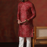 Red Dupion Embroidered Kurta Set
