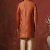 Dark Orange Printed Cotton Blend Sherwani Set