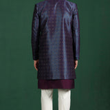 Deep Purple And White Solid Jacquard Sherwani Set