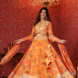 Sunshade Orange Organza Floral Printed Lehenga Set