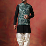 Solid Black Cotton Blend Kurta Set With Nehru Jacket