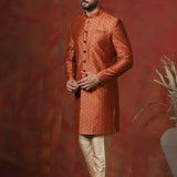 Dark Orange Printed Cotton Blend Sherwani Set