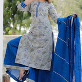 Grey And Blue Floral Printed Cotton Palazzo And Kurta Set