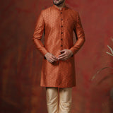 Dark Orange Printed Cotton Blend Sherwani Set