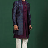 Deep Purple And White Solid Jacquard Sherwani Set