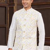Cream Art Banarasi Silk Kurta Set With Yellow Jacket